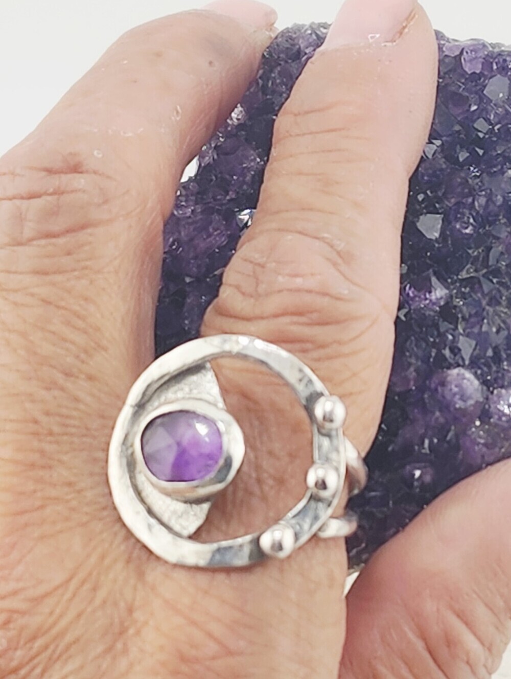 AMETHYST ROSE-CUT GEMSTONE CIRCLE RING HANDMADE IN STERLING SILVER SIZE 9 - Picture 1 of 16